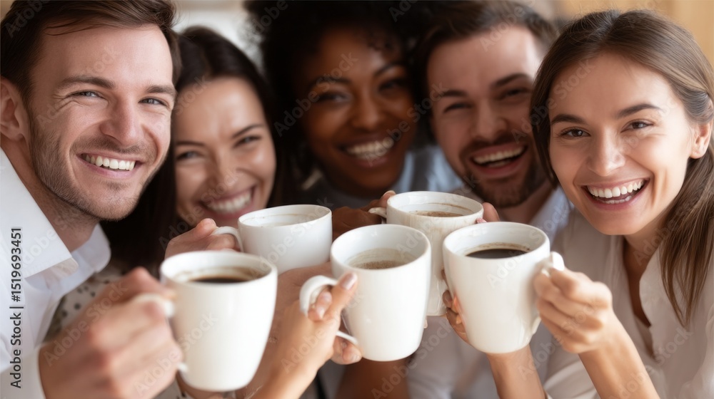 Poster coworkers from various backgrounds enjoying coffee together in a warm and inviting office setting du