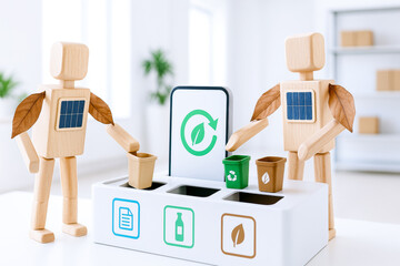 Wooden figures with solar panels and leaf wings practice sustainable business practices by sorting waste into recycling bins promoting eco friendly habits in bright office setting