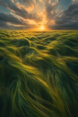 The vast green wheat fields stretch endlessly, and the wind blows the wheat waves