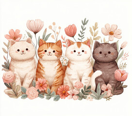 Adorable pastel cat group with floral accents, perfect for cat mom gifts, spring t-shirts, or pet-themed sublimation crafts