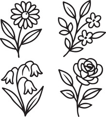a series of botanical black and white vector illustrations with clean line drawings of flowers, leaves, and stems.