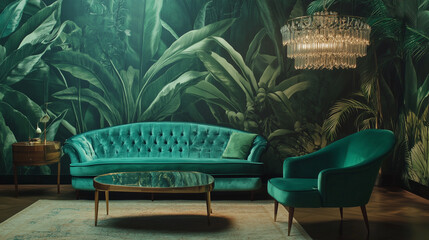 Contemporary Living Room with Turquoise Sofa, Chair and Leaf Wallpaper