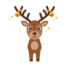 Fototapeta premium Cute cartoon reindeer with bells on antlers, surrounded by sparkles, festive mood