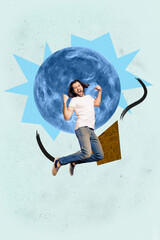 Vertical 3d poster art collage of happy girl guy stand space galaxy moon planet cosmos discovery...