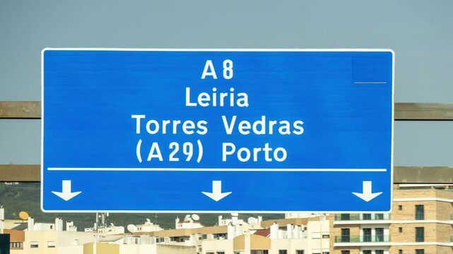 Road information sign A8, Leiria, Torres Vedras, Porto