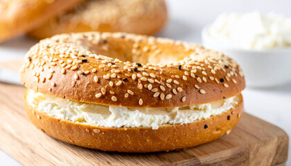 Fresh bagel with creamy cream cheese filling and sesame seeds. Tasty snack. Delicious food.
