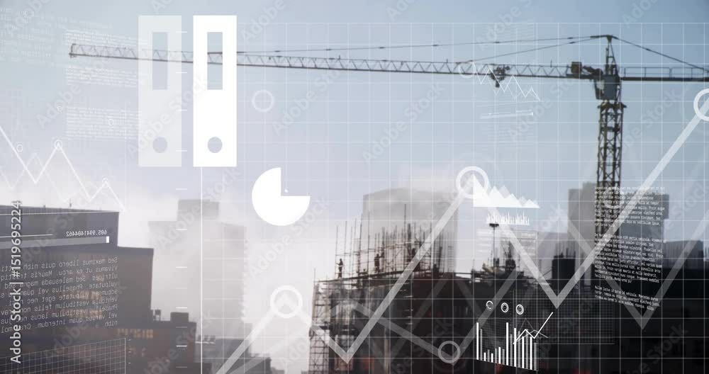 Poster cloud monitor icon appearing above construction site initiating rising graphs showing progress