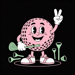Cheerful cartoon golf ball mascot giving peace sign with golf club and tees on black background celebrating the sport