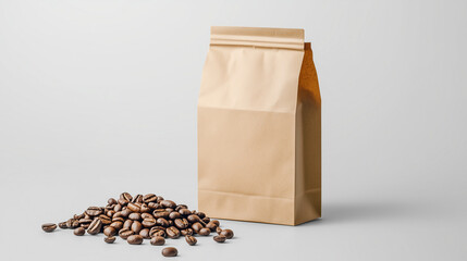 Close-up of roasted brown coffee beans overflowing from a paper bag, highlighting their rich aroma and natural texture against a neutral background