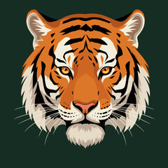 Fototapeta premium Majestic tiger head portrait against a dark green background, showcasing fierce expression