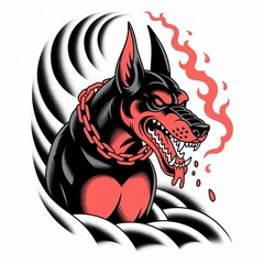 Fierce doberman pinscher tattoo design in bold colors and traditional style depicting aggression and protection concept
