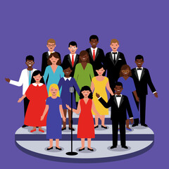 Obraz premium Diverse group of people posing together in formal attire against a vibrant purple backdrop