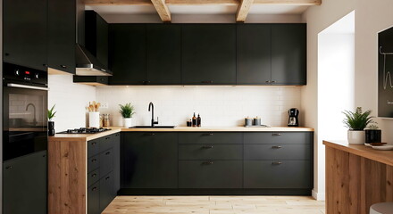  Interior of a modern kitchen in Provence style with beautiful furniture in sunlight.