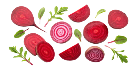 Floating Beetroot Slices and Leaves Composition, Isolated on Transparent Background, Red Beet, Healthy Food, Beetroot, Vegetable, Food