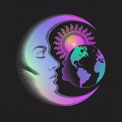Mystical celestial illustration featuring moon sun earth and silhouette faces on a black background symbolic representation of cosmic harmony and spirituality