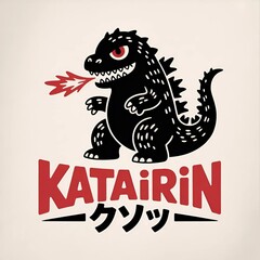 Playful black and red godzilla illustration with japanese text and a comic style design suitable for merchandise and branding