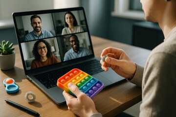 Individual engaging in virtual meeting on laptop, holding sensory fidget toy, surrounded by colorful desk items, promoting neurodiversity in the workplace and inclusive environments
