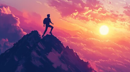 Fototapeta premium A person stands triumphantly on a mountain peak during a colorful sunset.