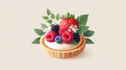 Delicious tart topped with fresh strawberries, raspberries, blueberries, and decorative leaves.