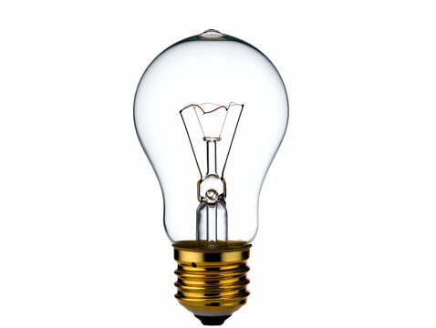 Clear Glass Light Bulb with Gold Base on White Background