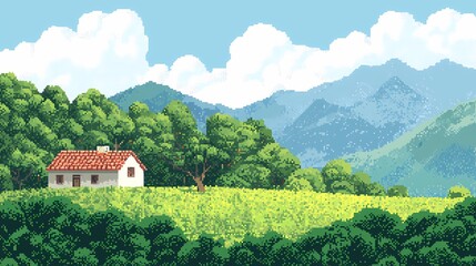 Pixel art idyllic landscape, house on a hill, lush green fields, and majestic mountains under a bright sky.  Perfect for game backgrounds, websites, or illustrations.