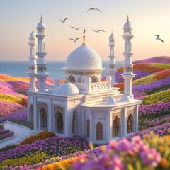 White Mosque by the Sea at Sunset – 3D Landscape Illustration