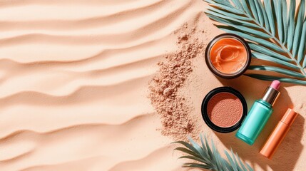 Makeup flat lay on sand background — tinted moisturizer, lip oil, bronzer stick, and colorful eyeliners. Summer beauty essentials