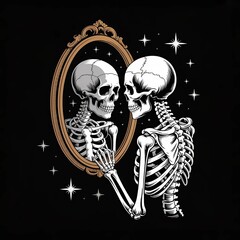 Two skeletons gazing at each other in a mirror dark art style depicting the introspection of mortality and the symbolic meaning of life