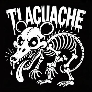 Tlacuache skeleton graphic illustration in bold black and white design ideal for halloween or day of the dead concepts and creative designs