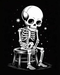 Whimsical cartoon skeleton sitting on a stool with starry background in black and white illustration