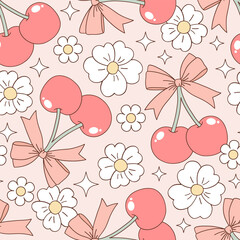 Girlish Vector Seamless Pattern with Cocktails Cherries, Bows, and Daisies in Pastel Coquette Style. Girls bachelorette Party Night out background. Perfect for fashion prints, wrapping paper, party