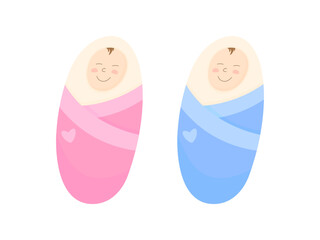 Cute newborn baby. Beautiful baby girl and boy hand drawn. Sleeping child