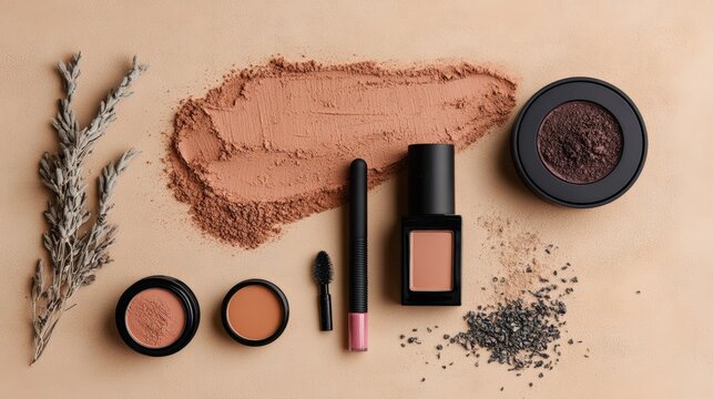 Makeup flat lay on sand background &mdash; tinted moisturizer, lip oil, bronzer stick, and colorful eyeliners. Summer beauty essentials