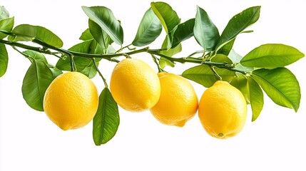 Lemons hanging on citrus tree branch with vibrant green leaves