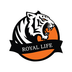 Wildlife tiger logo for safari travel and jungle adventure company with bold roaring tiger head illustration in orange and black color scheme suitable for branding and tour promotion