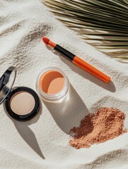 Makeup flat lay on sand background — tinted moisturizer, lip oil, bronzer stick, and colorful eyeliners. Summer beauty essentials
