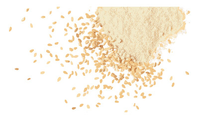 Top view sesame flour scatter isolated on white, vector illustration, gluten-free flour, healthy baking, organic ingredients, cooking flour, natural food, baking supplies.