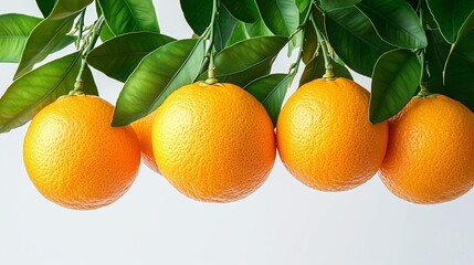 Close-up of ripe oranges hanging on tree branch with leaves