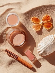 Makeup flat lay on sand background — tinted moisturizer, lip oil, bronzer stick, and colorful eyeliners. Summer beauty essentials