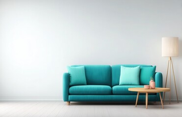 Create a modern interior mockup featuring a blank white wall backdrop, a blue sofa, and 3D rendering