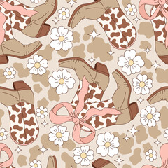 Coquette Wild West Cowgirl Rodeo outfit boots decorated with a bow on a cow printed background Seamless Pattern. Feminine Western Style Boho Floral Vector Print for textiles, wallpapers, digital