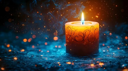 Levitating candle with a mystical blue flame and arcane symbols