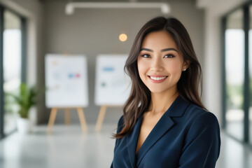 A smiling Asian woman in a dark blazer looks directly at the camera in a modern office setting.