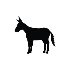 Black silhouette of a donkey standing upright, isolated on a white background. Ideal for use in animal graphics, educational materials, political symbols, or rural-themed content.