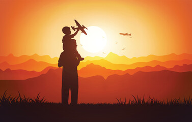 Father and son silhouette with toy airplane at sunset