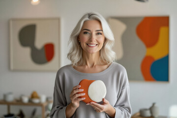A smiling, fair-skinned woman with short, platinum blonde hair stands in a modern living room, holding a decorative ceramic object.