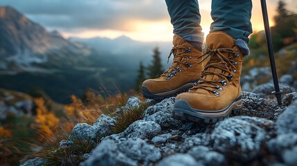 Hiker lacing up boots on a rocky mountain trail