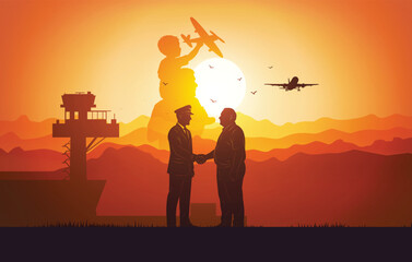  Aviation dream concept – Boy becomes pilot, handshake with father