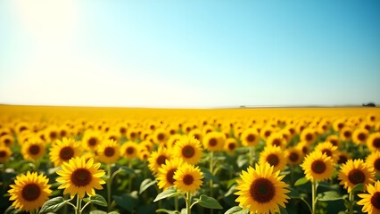 Obraz premium A vibrant sunflower field with a clear blue sky and a soft golden glow
