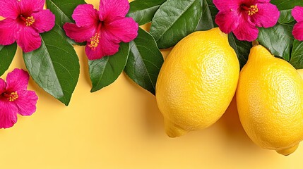 Vibrant Still Life of Two Lemons Pink Hibiscus Flowers and Green Leaves on Yellow Background